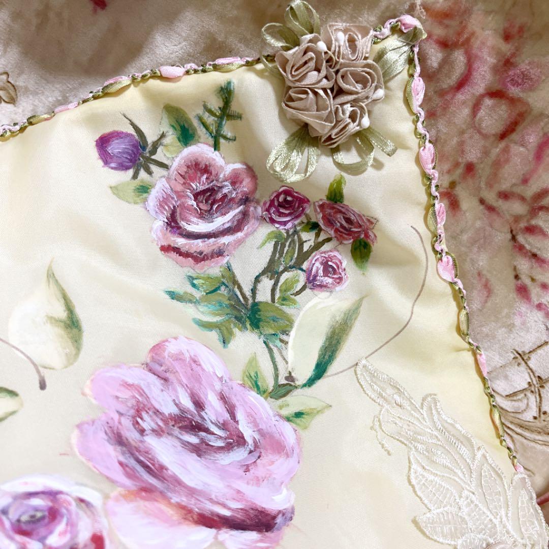 アンティーク　ロココリボン　手描きピンクローズ