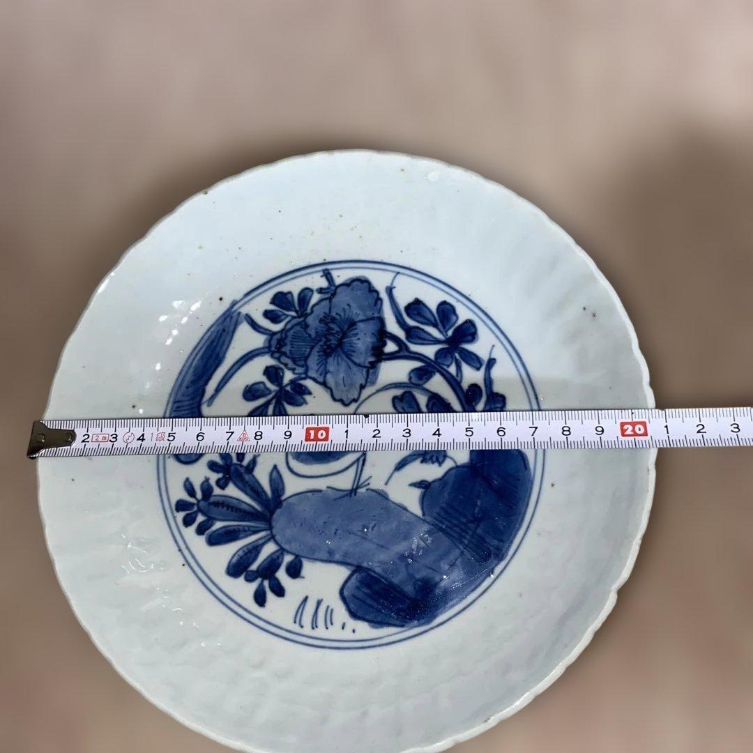 古染付　鳥草花文　7寸皿　明末清初期