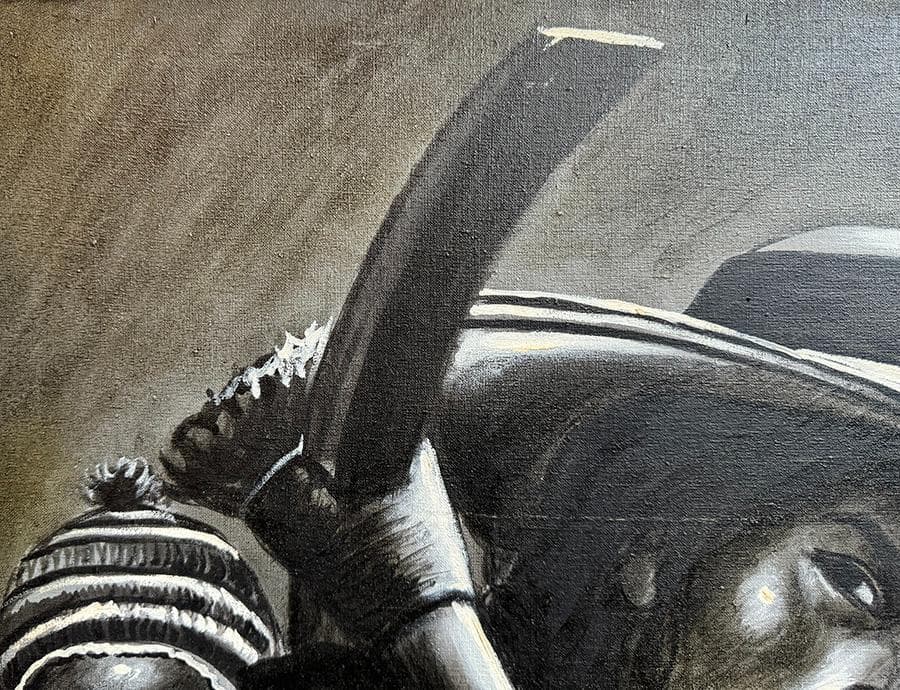 モノクロ肉筆画 母子と農具の肖像画 力強い表情 M20号額縦86cm横64cm