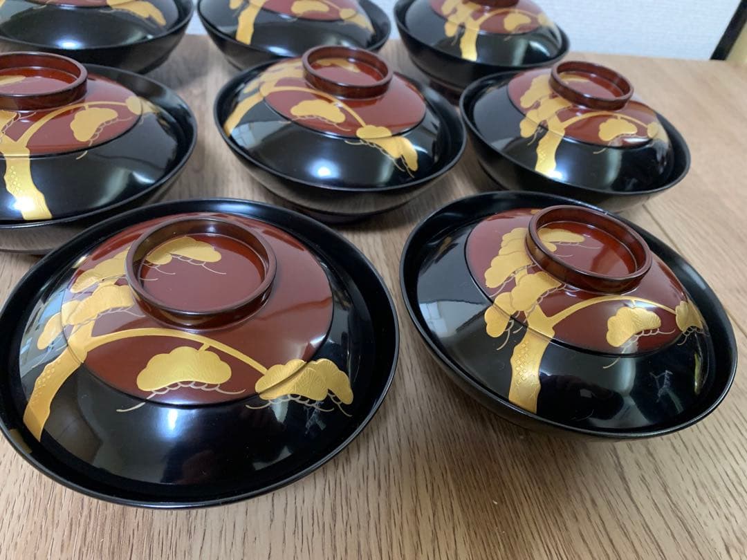 輪島塗　木製漆塗吸物椀8客　見返し蒔絵　汁椀　時代物　松　鶴　お正月　未使用品