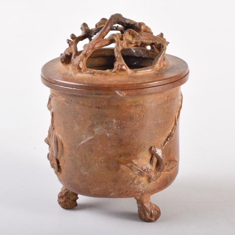 高岡銅器　三好三治造　蝋型鋳銅　花草文香炉　共布共箱　V　6971