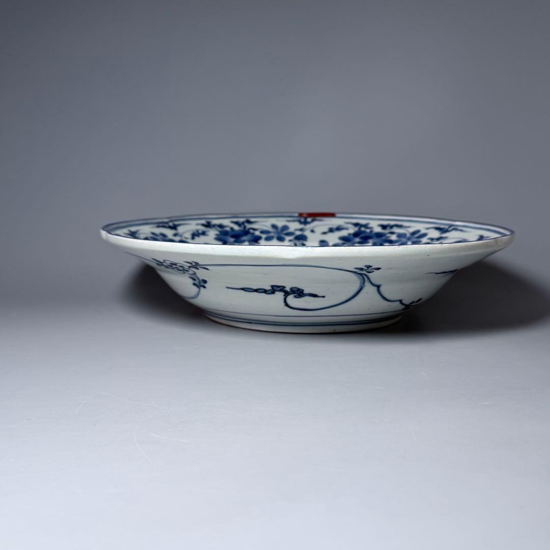 古伊万里　藍九谷様式　染付水鳥花図尺皿　31.5cm　裏唐草文　江戸中期　蒐集家