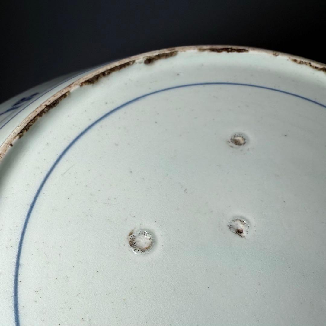 古伊万里　藍九谷様式　染付水鳥花図尺皿　31.5cm　裏唐草文　江戸中期　蒐集家