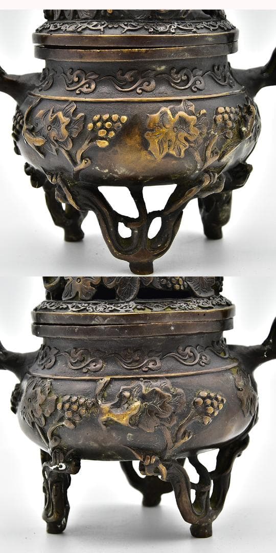 珍品 中国古玩 時代 大明宣徳 古銅三足香炉 猿 盛上葡萄 香櫨 1486g