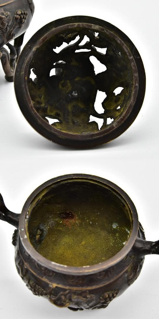 珍品 中国古玩 時代 大明宣徳 古銅三足香炉 猿 盛上葡萄 香櫨 1486g