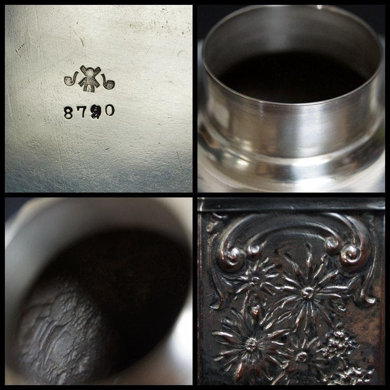 ヴィンテージ 銅地銀メッキ 面取茶入 打出細工『風景楼閣人物図』ホールマーク付き