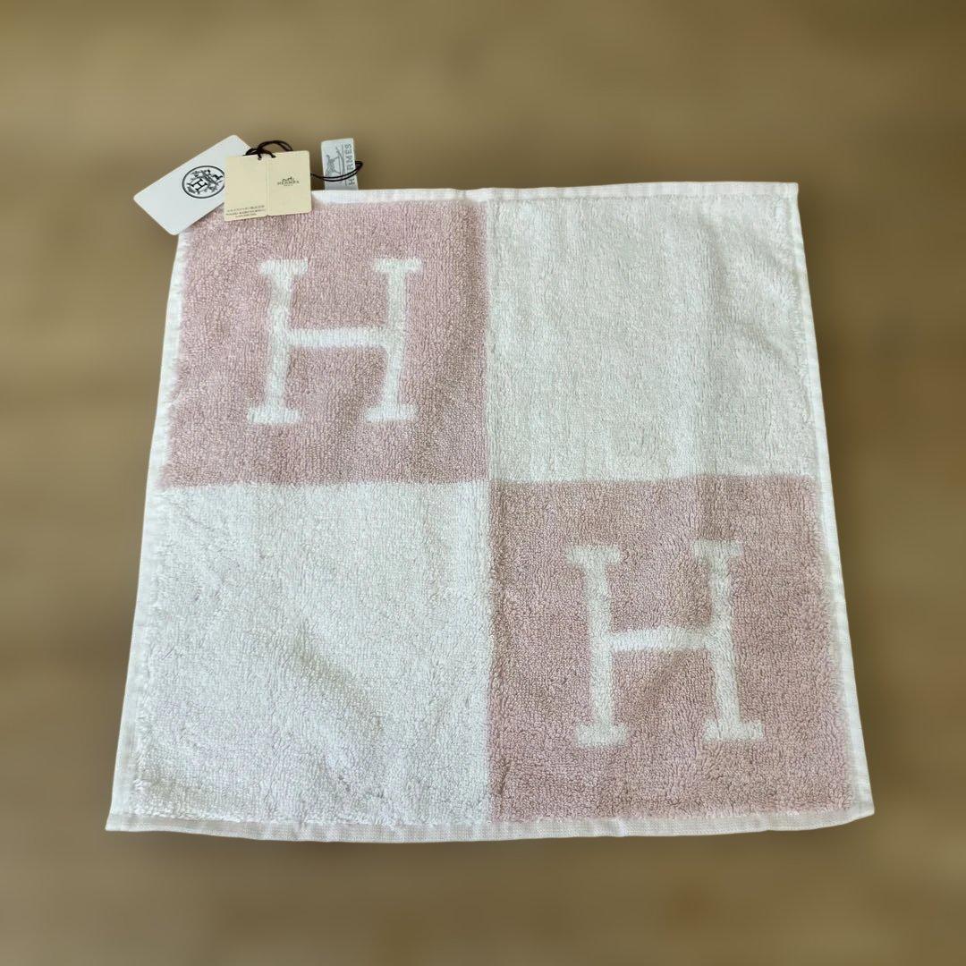HERMES エルメス alalon アヴァロン Hロゴ タオルハンカチ ピンク