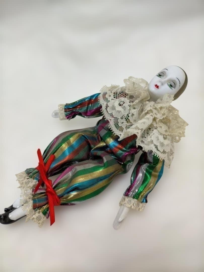 アンティーク　ヴィンテージ　虹色　ピエロ陶器人形　250702-8Y