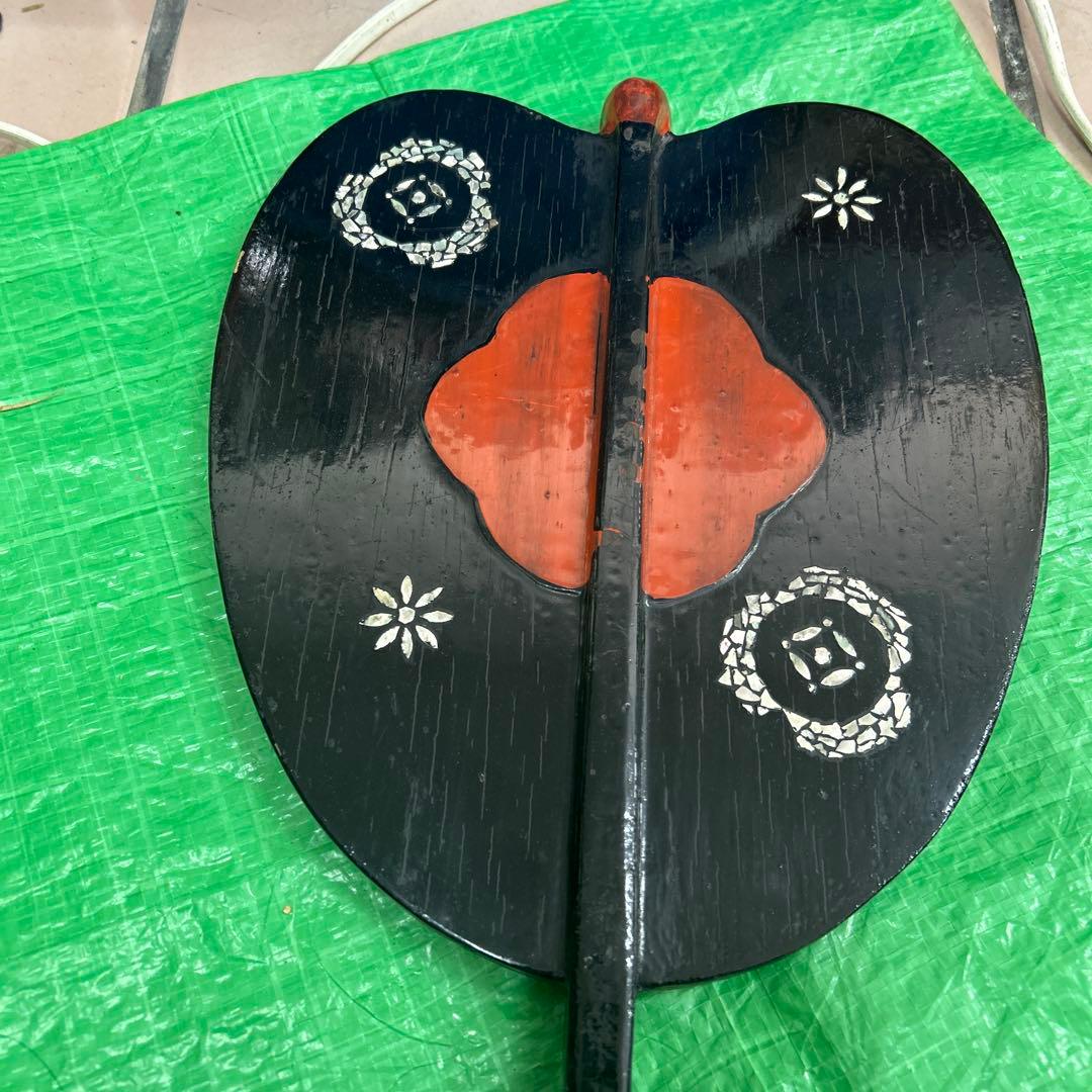 軍配 螺鈿細工 風景図 木製 全長約51cm 時代物 武具 レトロ