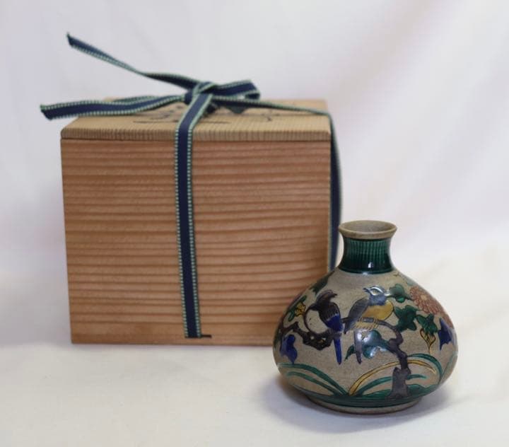 明治期　九谷焼　青手花生　アンティーク　共箱0806