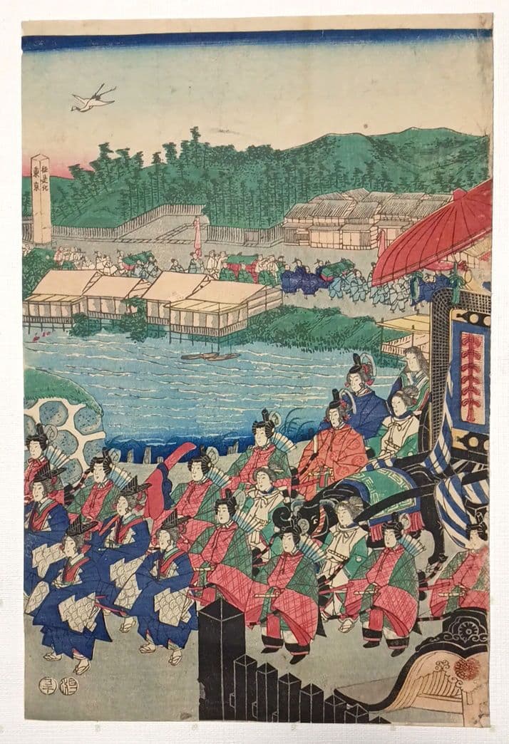 浮世絵版画、東京高輪風景 三枚綴りの右側と真ん中の2枚売り歌川芳盛画明治3年出版