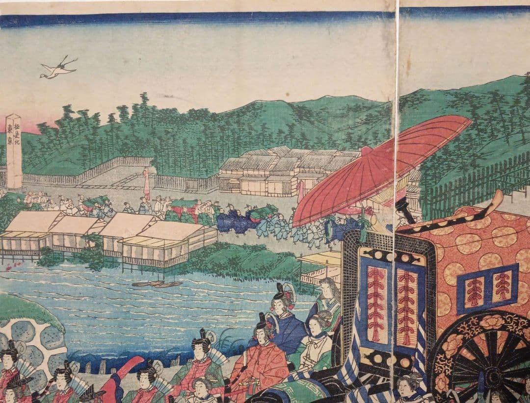 浮世絵版画、東京高輪風景 三枚綴りの右側と真ん中の2枚売り歌川芳盛画明治3年出版