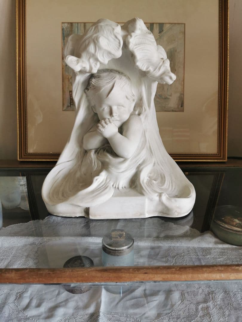 アンティークフランス 大型素焼きビスク彫像塑像 少年の祈り 作家物サイン刻印