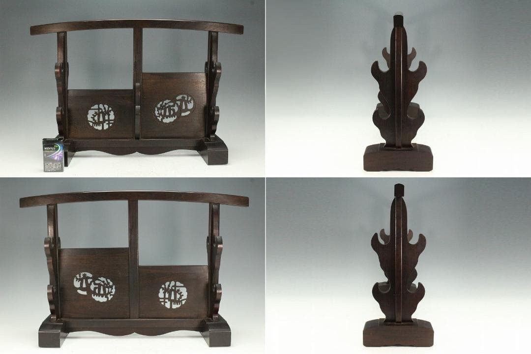 武具甲冑 刀掛 鍔紋透かし 木彫刻 時代物(K-YC460)