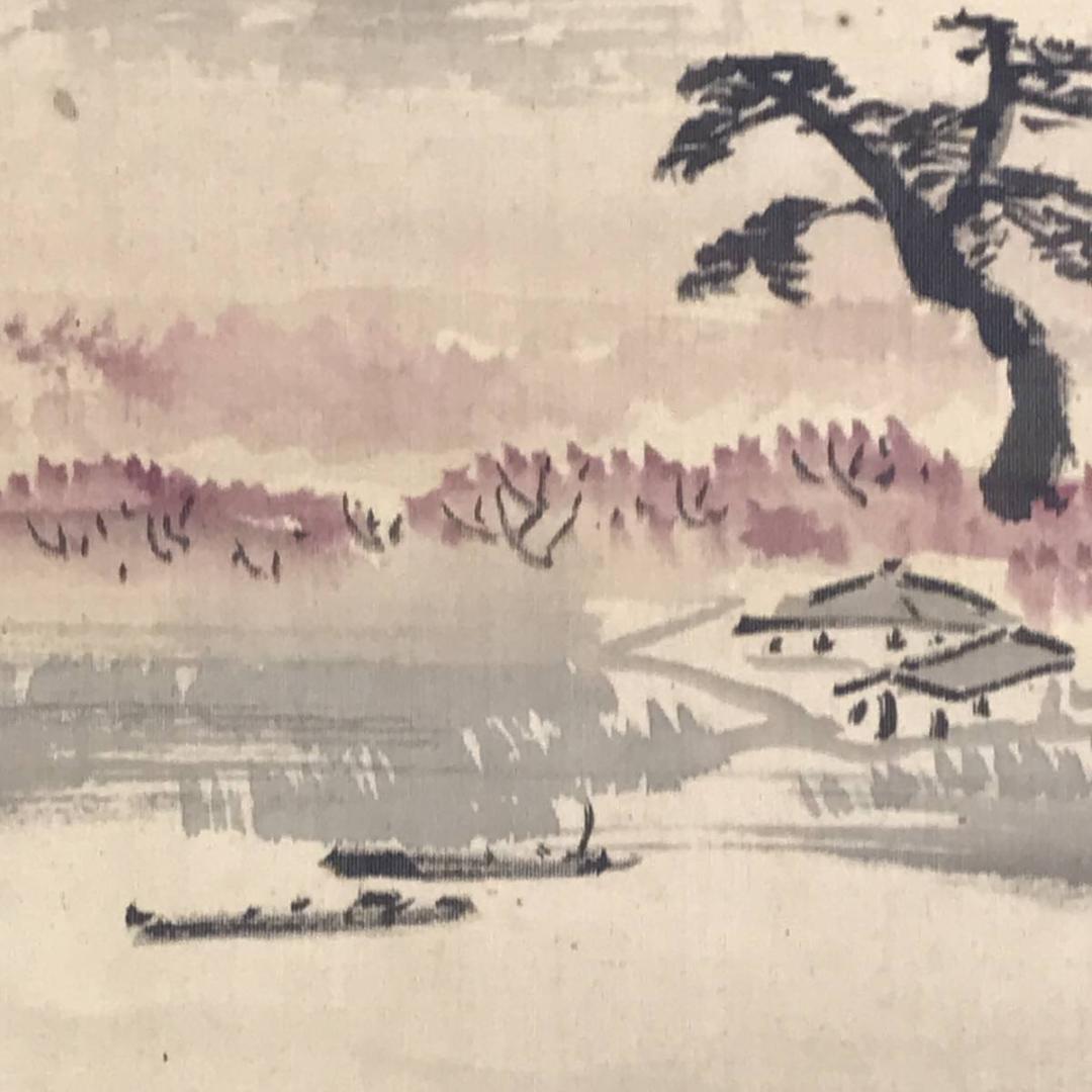 【真作】/川端玉章/秋湖舟遊図/山水図/横物/掛軸☆宝船☆AD-550