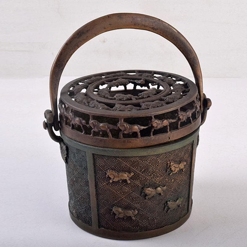 中国　宣徳年製款　古銅宣徳銅　馬刻　持ち手付　透かし蓋香炉　M　R8855