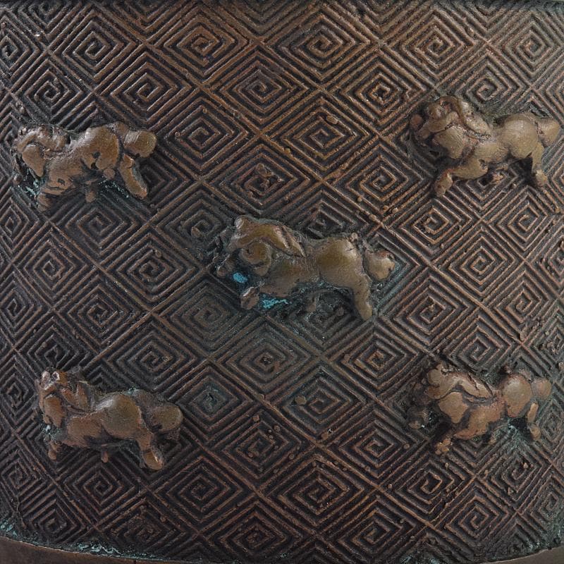 中国　宣徳年製款　古銅宣徳銅　馬刻　持ち手付　透かし蓋香炉　M　R8855