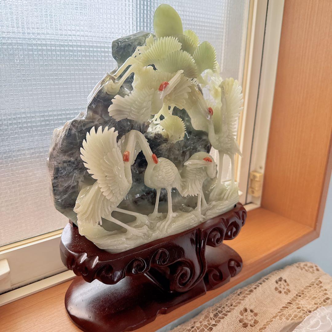 天然石★アフガニスタン玉石★鶴の彫刻★置物★美術品★台座付き