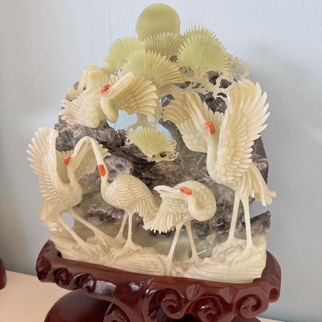 天然石★アフガニスタン玉石★鶴の彫刻★置物★美術品★台座付き