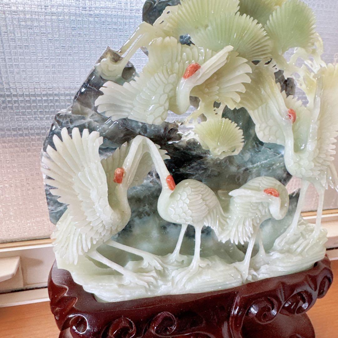 天然石★アフガニスタン玉石★鶴の彫刻★置物★美術品★台座付き