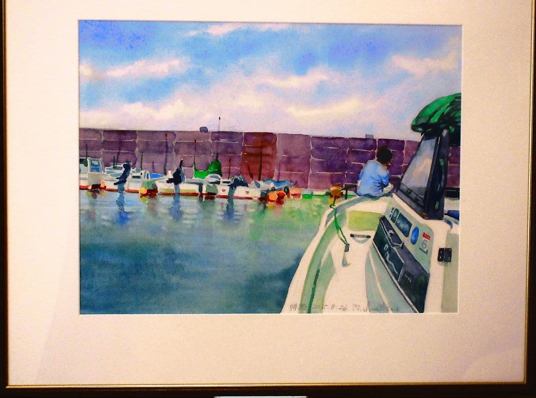 水彩画 港の風景 額装済み 原画 F6サイズ333