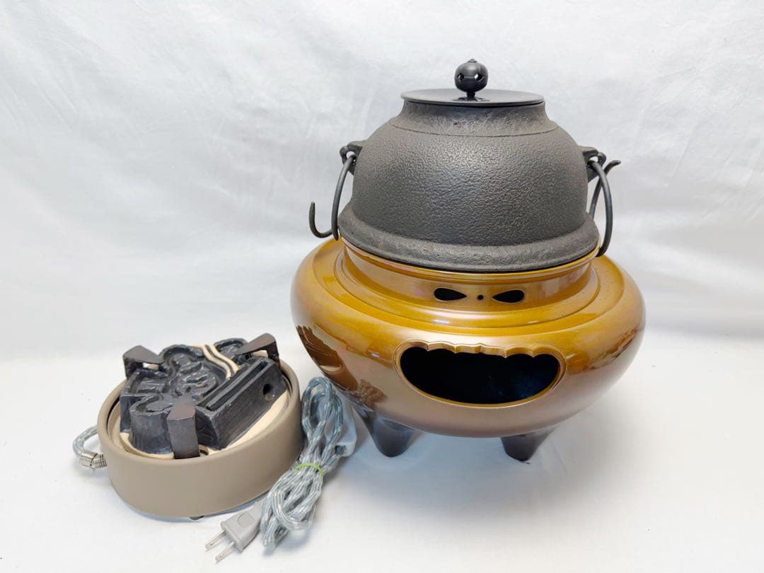 ほぼ未使用 茶道具 唐銅朝鮮風炉釜 野々田電熱器 釜鐶付 茶道 元箱