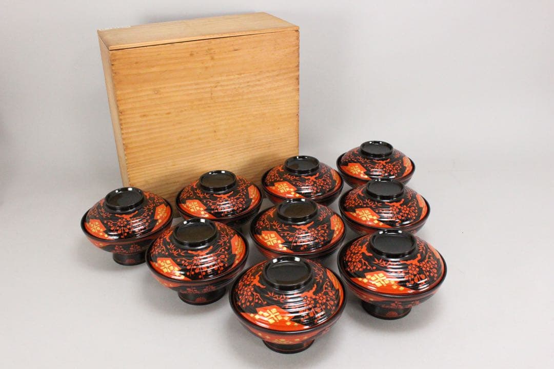 No4797秀衡塗　梅樹文蓋付椀　9客 木箱付　漆器　岩手　伝統工芸　送料無料