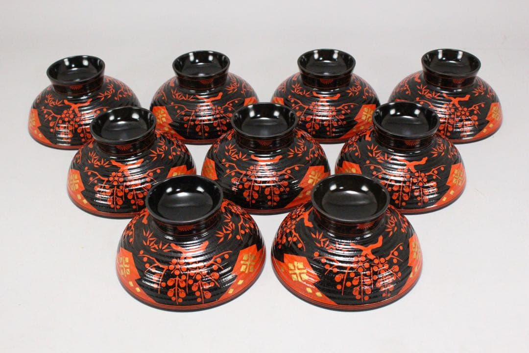 No4797秀衡塗　梅樹文蓋付椀　9客 木箱付　漆器　岩手　伝統工芸　送料無料