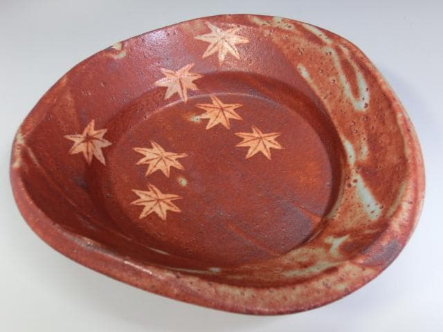 鉢■加藤正治作 赤志野 紅葉紋鉢 共箱 共布 美濃 三つ足 作家物 大鉢 平鉢■