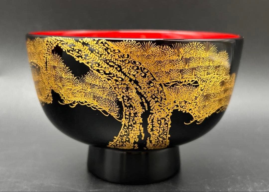 【希少品】沈金　川連漆器　お椀　大関 廣　雅号・廣道　桜　松　赤　黒　名入り
