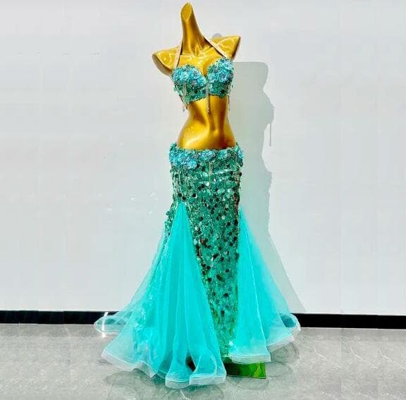 ベリーダンス　オリエンタル衣装　エメラルドブルー　人魚　発表会　スパンコール