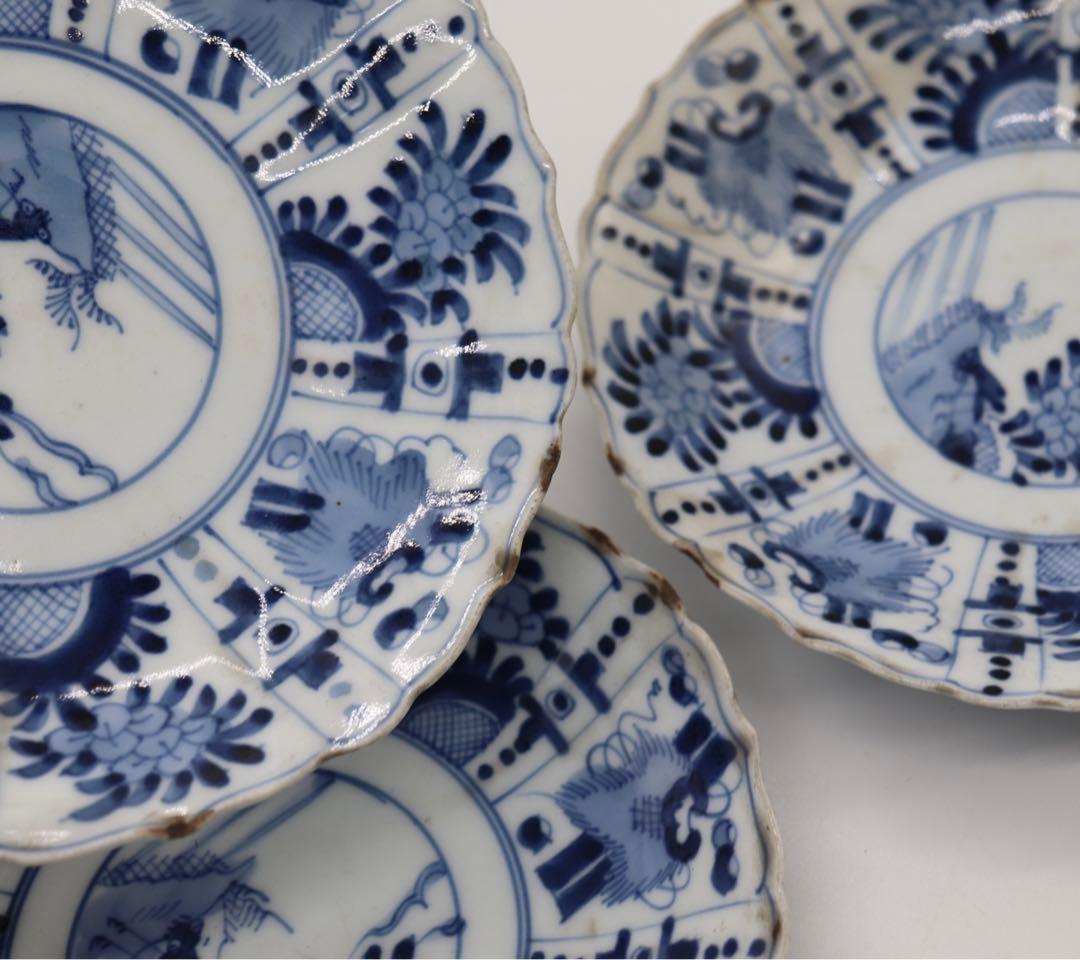 中国　明時代　染付花卉昆虫紋皿3点　送料込み0201