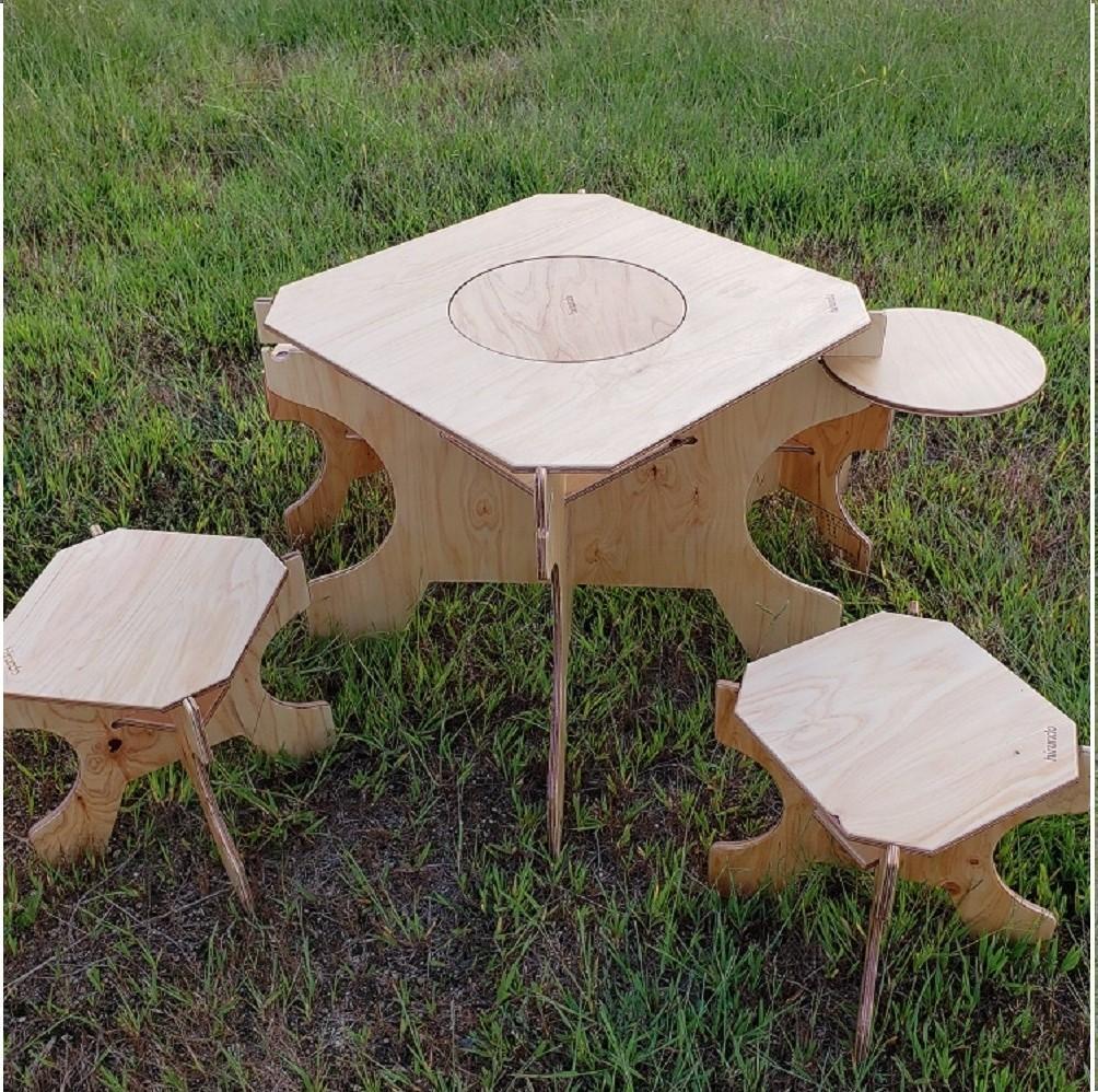 (B品・傷あり)組立式 七輪テーブル&チェア2脚セット　BBQ　七輪