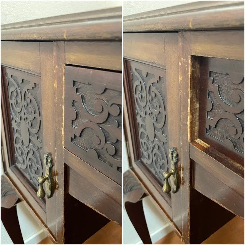 【横浜市引き取り限定です】アンティーク文机 引き出し付き 彫刻入 革デスクトップ