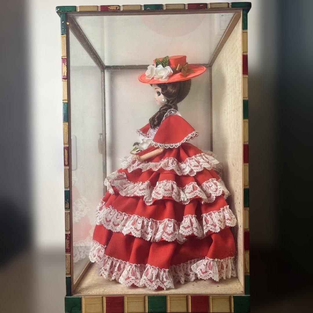【昭和レトロ】フランス人形 ポーズ人形 赤いドレス ガラスケース入りヴィンテージ