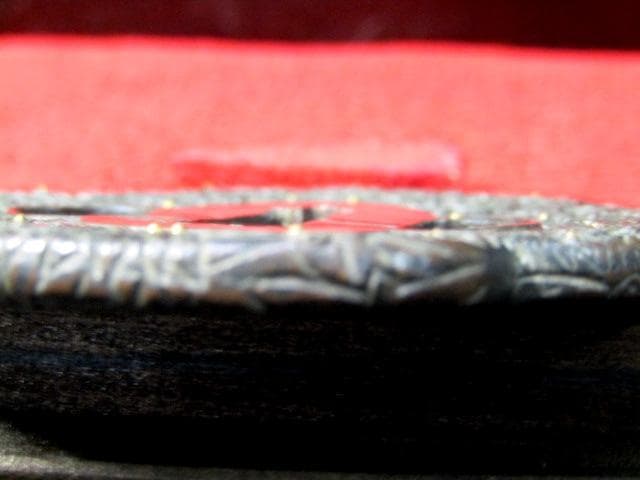 02★武具　刀装具　刀　脇差　銅鍔　金象嵌　菊文　木瓜型　箱付★