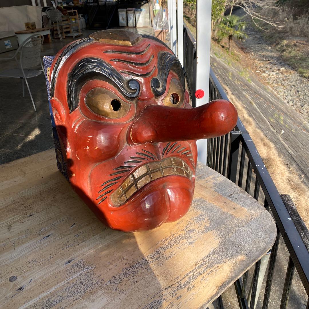 特大　木彫　天狗面　壁掛け　インテリア　横35x奥行34x縦48cm