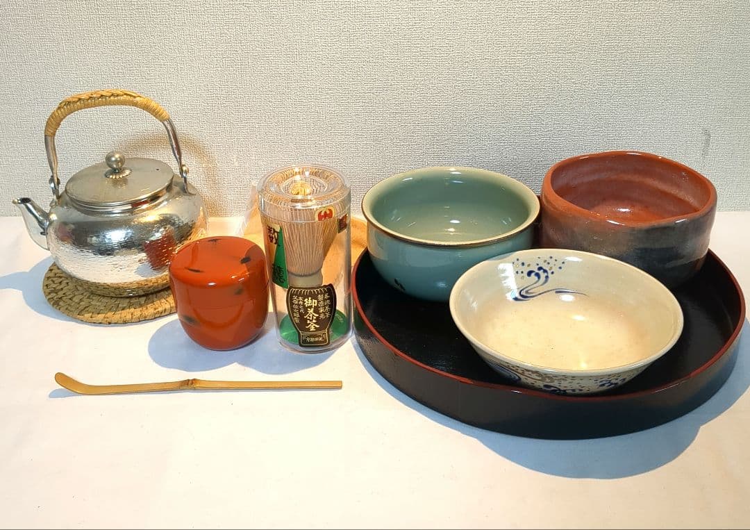銀瓶 抹茶碗 平茶碗 建水 棗 茶筅 茶匙 山道盆 茶道具 お稽古 セット