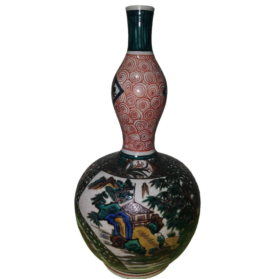 青手九谷焼　山水楼閣文瓢箪徳利　一輪差し　高さ28.5cm位