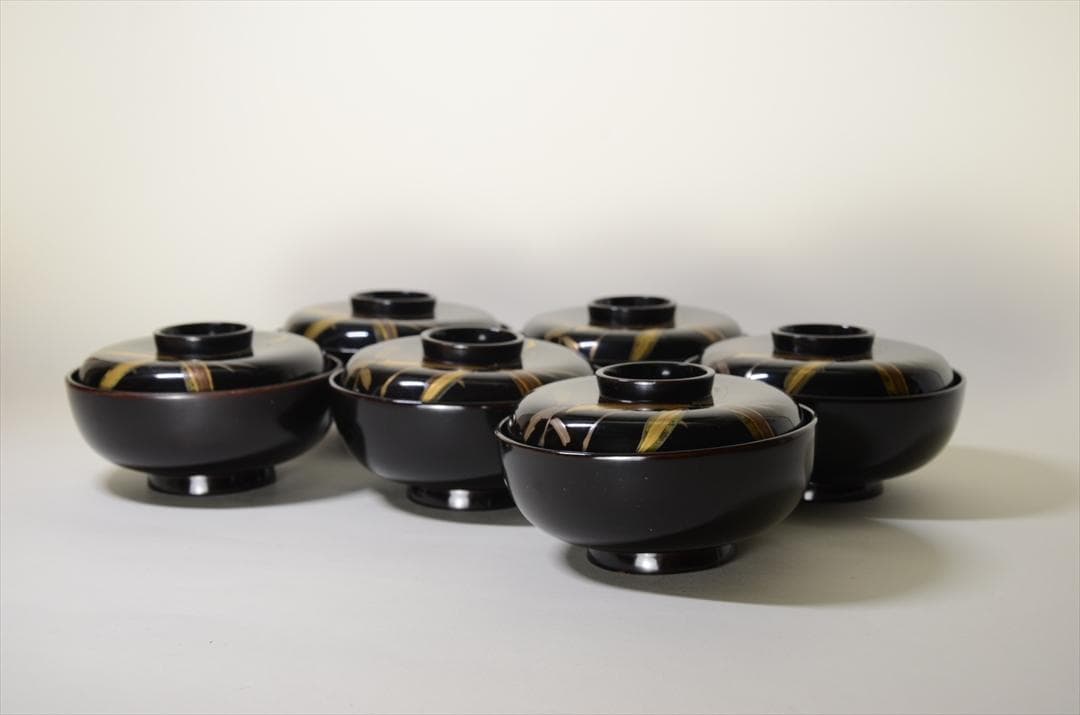 昭和時代　塗物　蒔絵　椀　笹図　６客組（１客訳有）　アンティーク　骨董 a