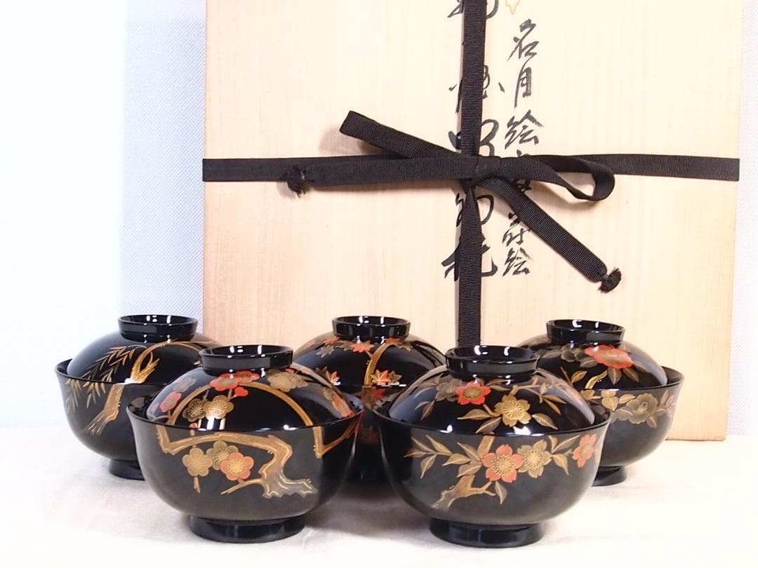 【極美品】輪島塗 名月絵変わり蒔絵 吸物椀5客 信斎/松斎 汁椀/お椀 漆器食器