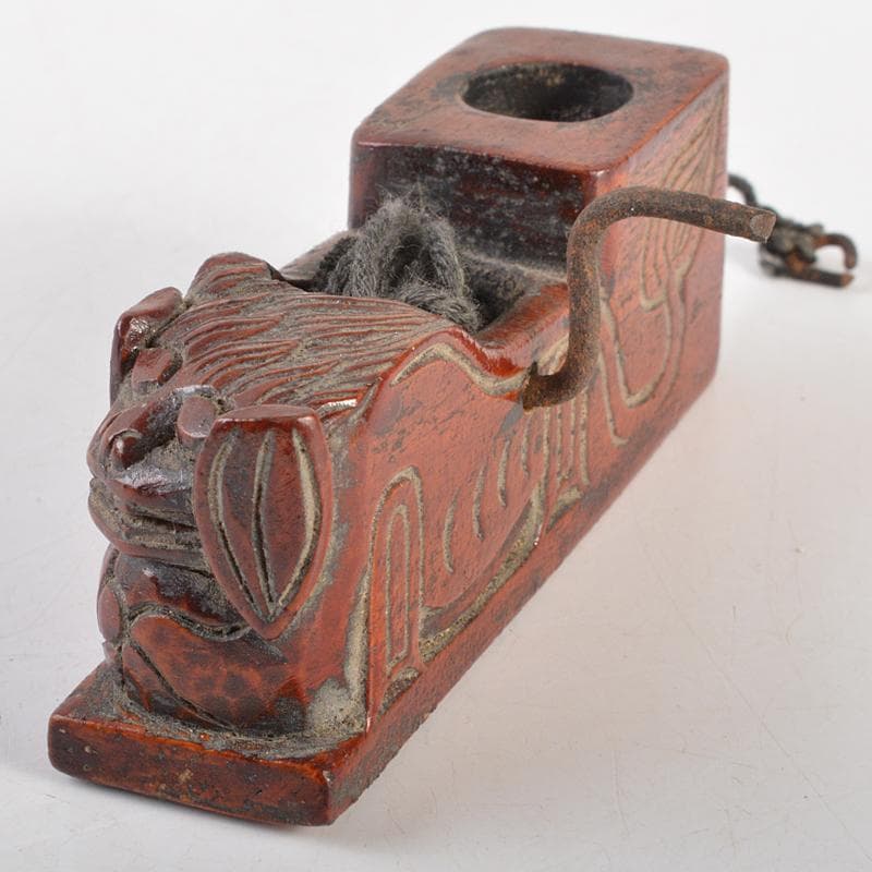 朝鮮美術　李朝　木彫　神獣刻　墨壷　V　R7245