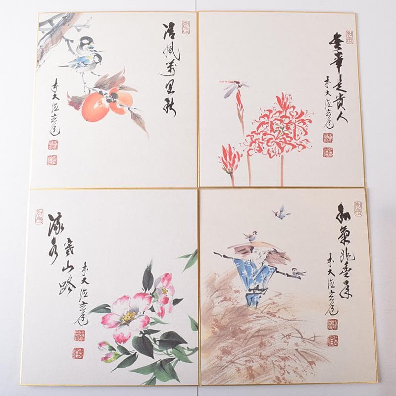 色紙絵　前大徳　須賀玄道筆　禅画花鳥図　二十四節気　共箱　N　7772A