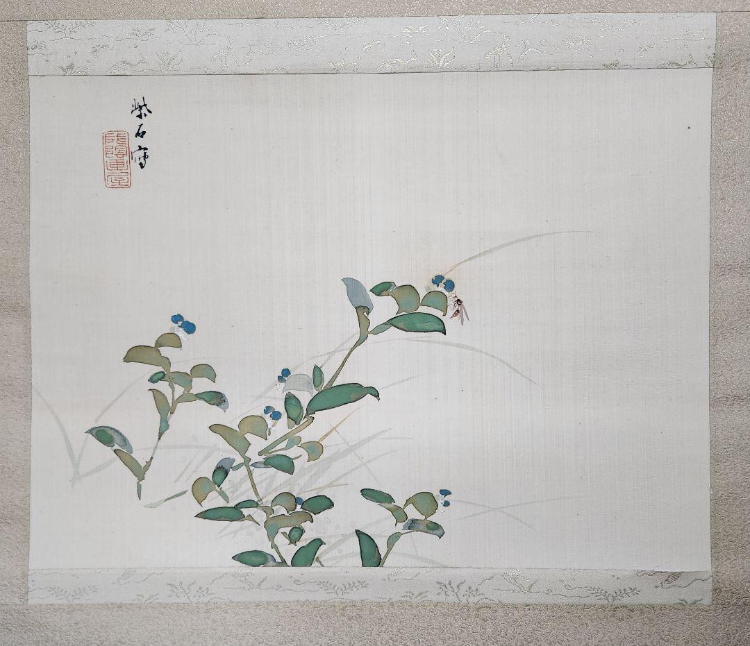 【露草図】二木紫石 2603 共箱 蜂　掛け軸　肉筆