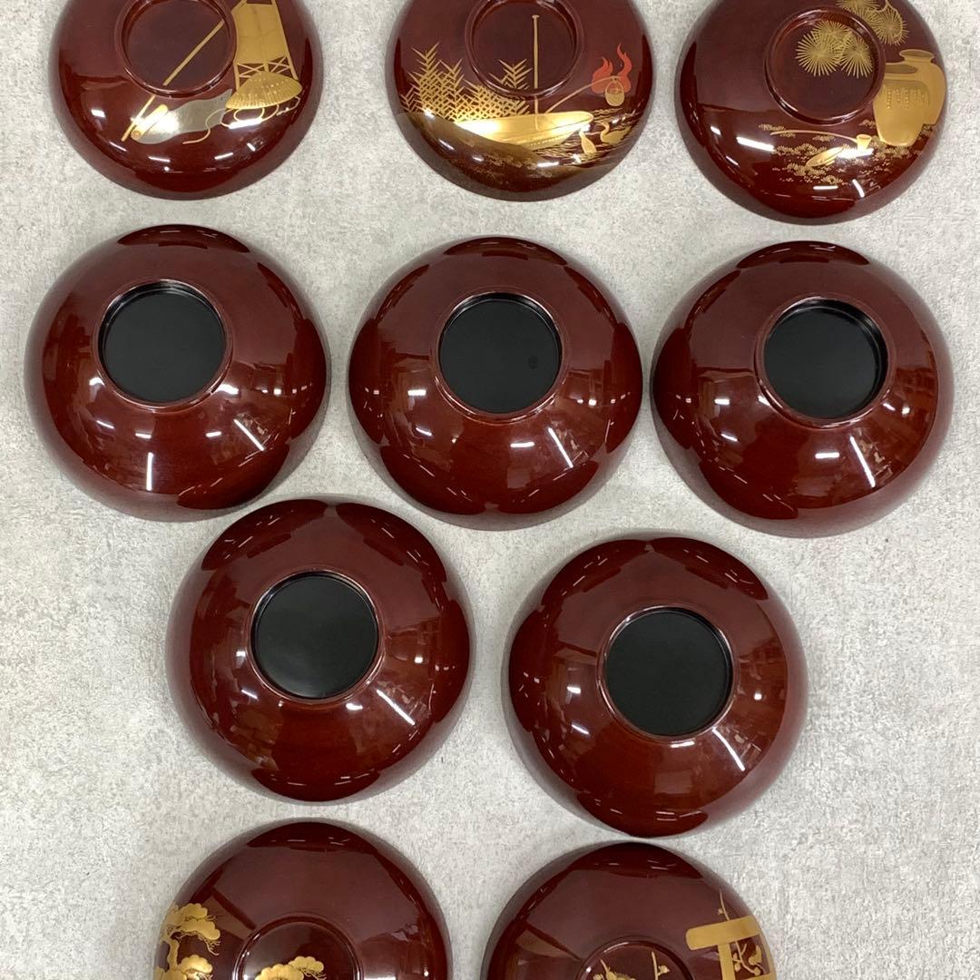 吸物椀 5客 絵変わり 塗り 溜絵 正月 賀正 金彩 汁椀 雑 C