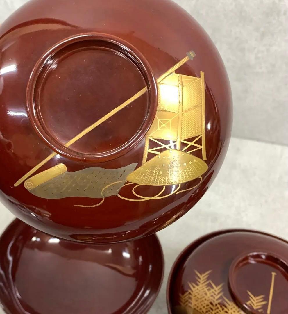 吸物椀 5客 絵変わり 塗り 溜絵 正月 賀正 金彩 汁椀 雑 C