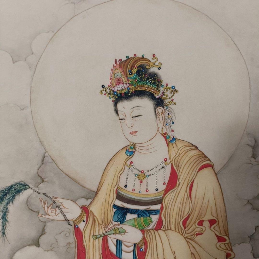 唐寅 観音像 掛け軸 中堂 仏画 中国画 表装済 サイズ：70×173cm