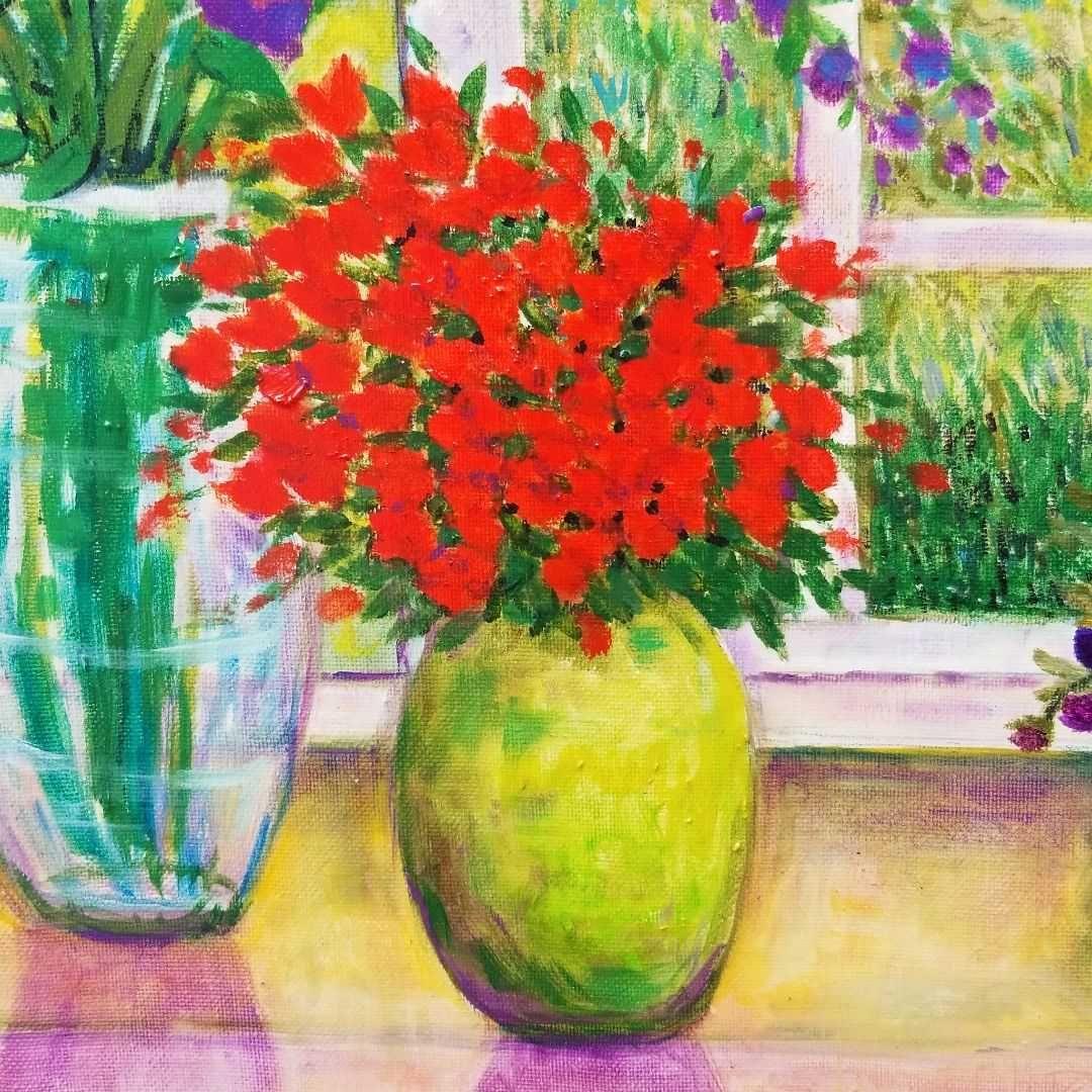 油絵　窓辺に並べたお花　　大きめキャンバス