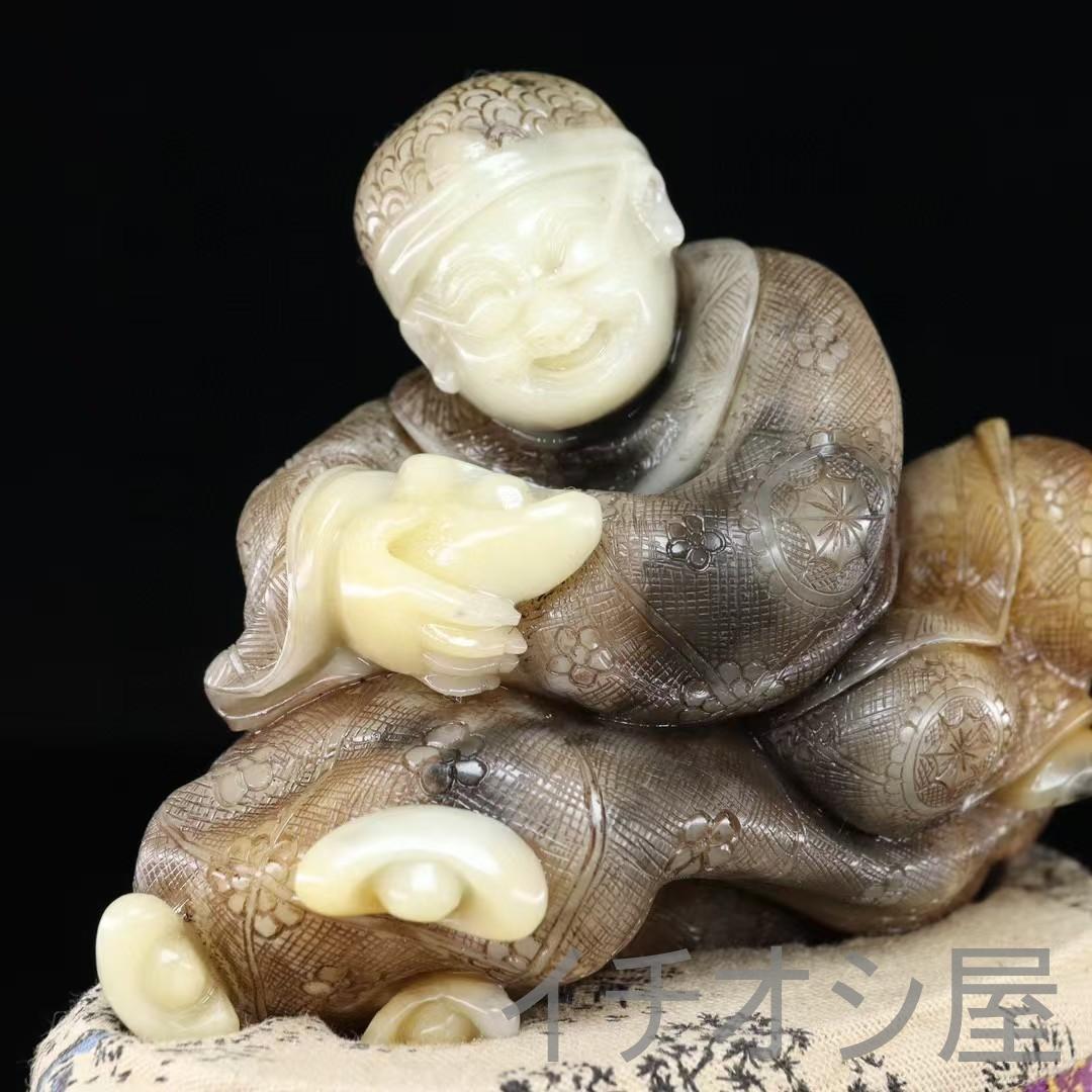 中国古美術 寿山石白芙蓉石 招財進宝人物彫刻置物 全身描花彩色 手彫細工 開運