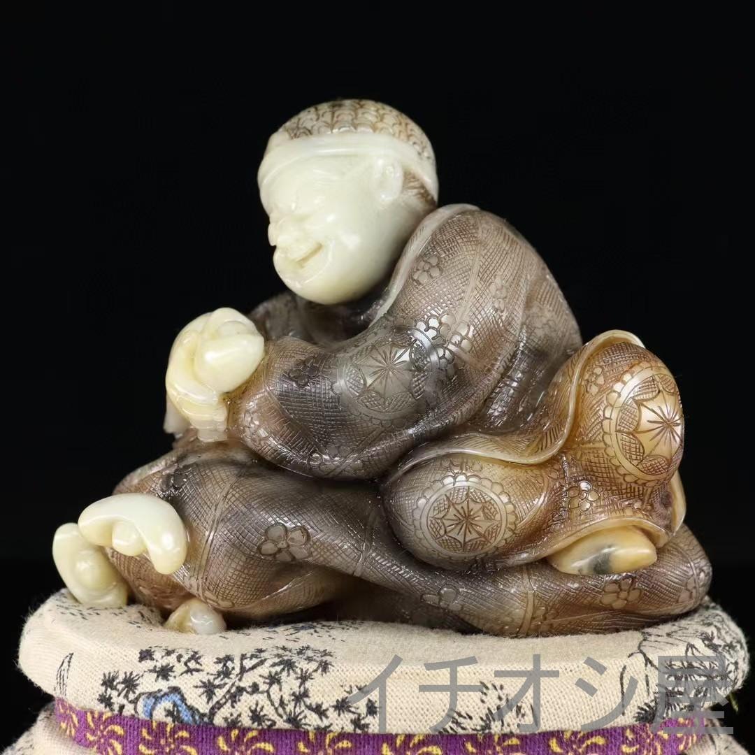 中国古美術 寿山石白芙蓉石 招財進宝人物彫刻置物 全身描花彩色 手彫細工 開運
